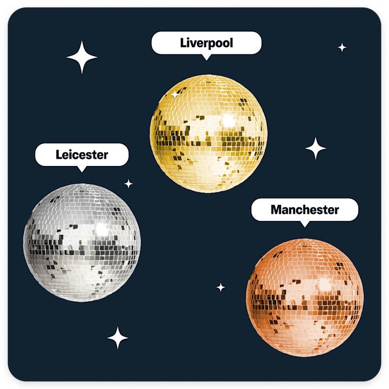 Image showing Liverpool with a gold medal, Leicester with a silver medal, and Manchester with a bronze medal. 