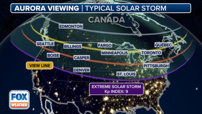 The possible viewing area for the Northern Lights at Wednesday's geomagnetic storm strength ("severe" or G4) would be somewhere roughly between the purple and orange lines on this map.