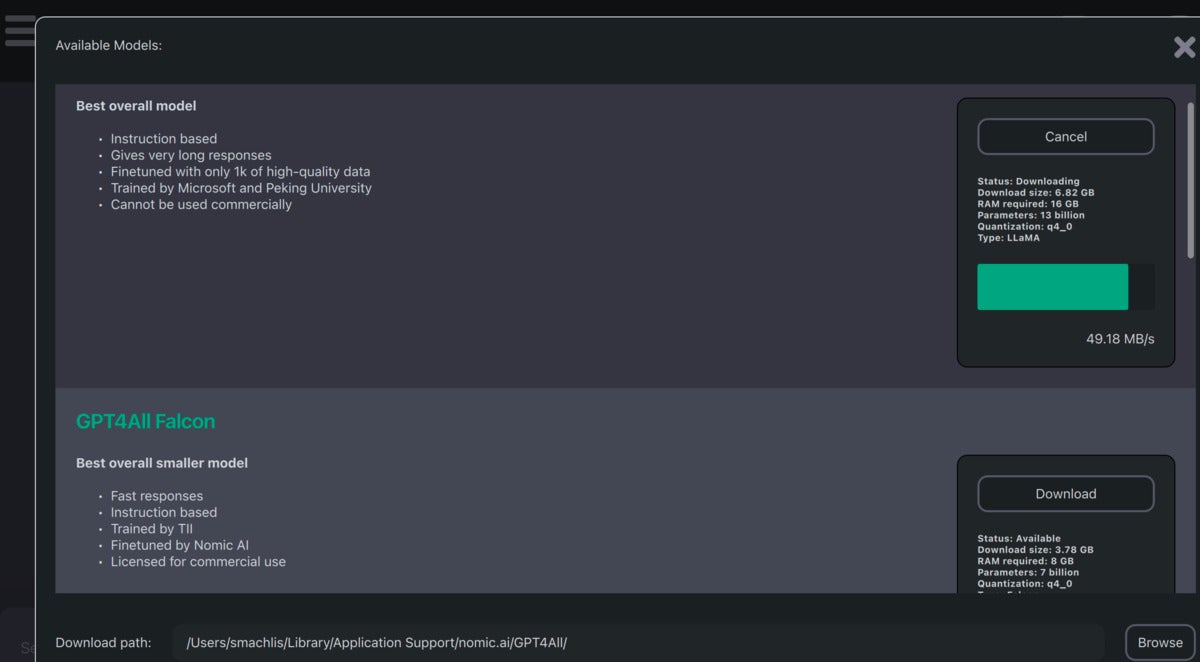 Image shows a description of two models on the left and options to download on the right.