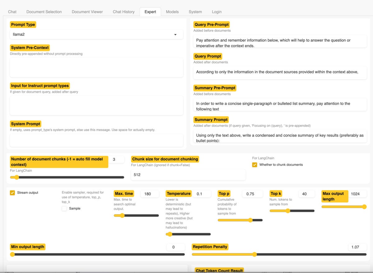 Tab options include system pre-context, query pre-prompt, system prompt, number of chunks, and more.