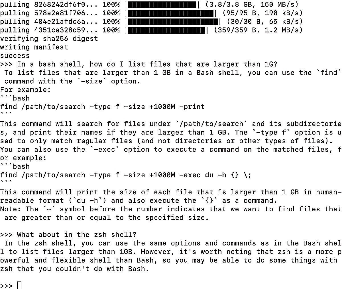 Terminal window screen showing download progress bars and answers to questions about shell commands.