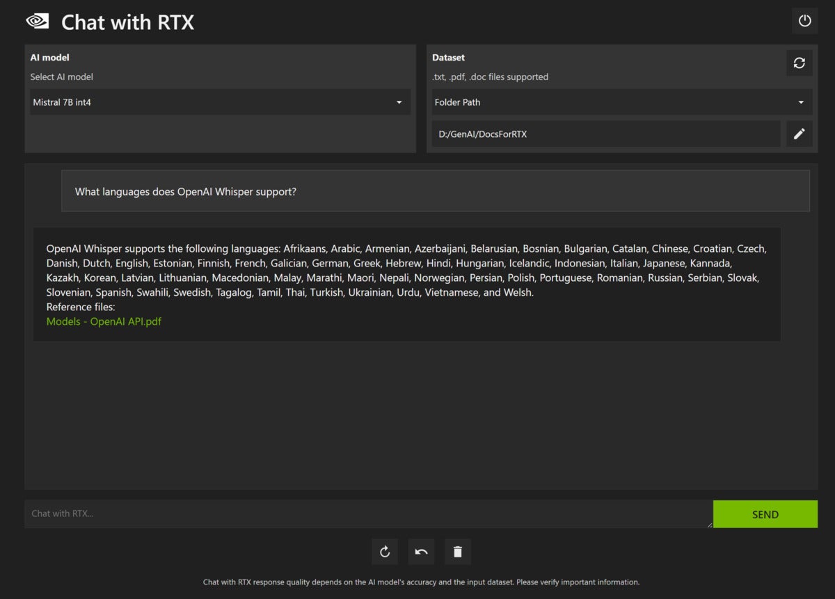 Chat with RTX response screen