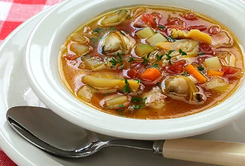 Instead of butter and cream, this chowder uses a base of tomatoes.