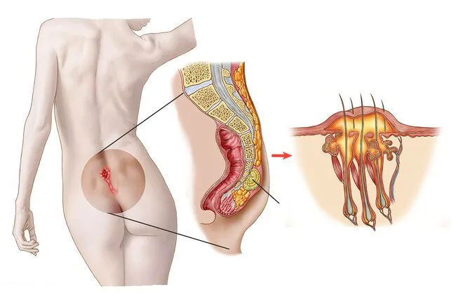 A pilonidal cyst forms at the base of the spine in the crease where the buttocks start.