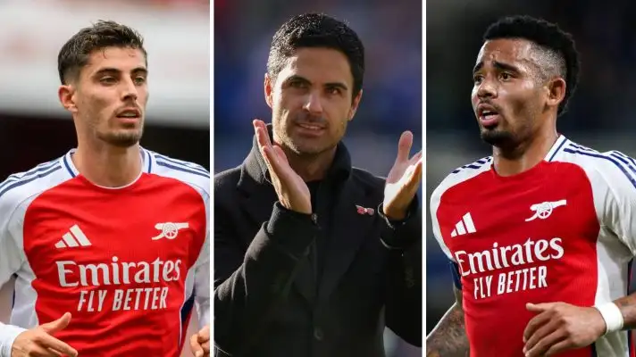 Arsenal forward Kai Havertz next to Mikel Arteta and Gabriel Jesus - copyright TEAMtalk