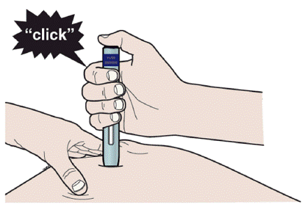 Firmly push down the autoinjector onto skin until the
autoinjector stops moving - Illustration