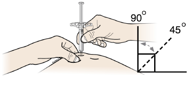  Hold the pinch. With the gray needle cap off, insert
the syringe into your skin at 45 to 90 degrees - Illustration