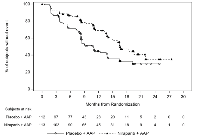 Kaplan-Meier Plot of BICR Assessed
Radiographic Progression-Free Survival in the BRCAm Population (MAGNITUDE,
primary analysis) - Illustration