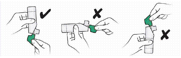 For correct use of
ARMONAIR DIGIHALER, hold the inhaler upright as you open the green cap - Illustration