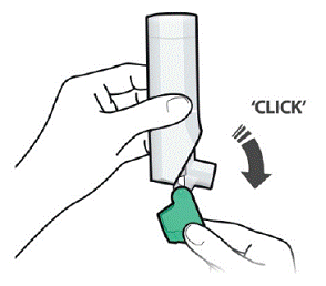 Hold the inhaler upright and
open the green cap all the way back until it “clicks” - Illustration