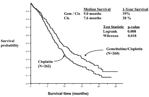 Kaplan-Meier Survival Curve in Gemzar plus
Cisplatin versus Cisplatin in Patients with NSCLC Study (N=522) - Illustration