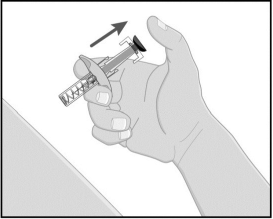 Remove the needle from the skin entirely before letting go of the blue plunger. - Illustration