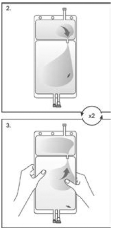 Squeeze with both hands on the large compartment until the peel seal between the two compartments is entirely open. Shake gently to mix. - Illustration