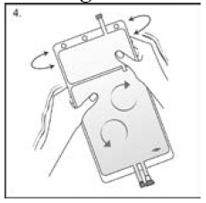 The luer connector is a needle-less and swabbable connector. Remove the cap with a twist and pull motion, and connect the male luer lock on the replacement line to the female luer receptor on the bag. - Illustration