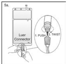 If the injection connector (spike connector) is used, first remove the snap-off cap. Then introduce the replacement line spike through the swabbable rubber septum of the bag connector. - Illustration