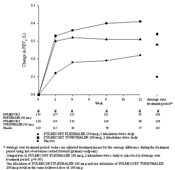 12-Week Trial in Adult Patients with Mild to Moderate Asthma (Study 1) Mean Change from Baseline in FEV<sub>1</sub> (L) - Illustration