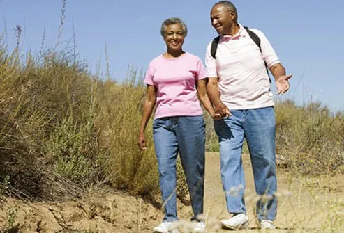 A couple walking/hiking.