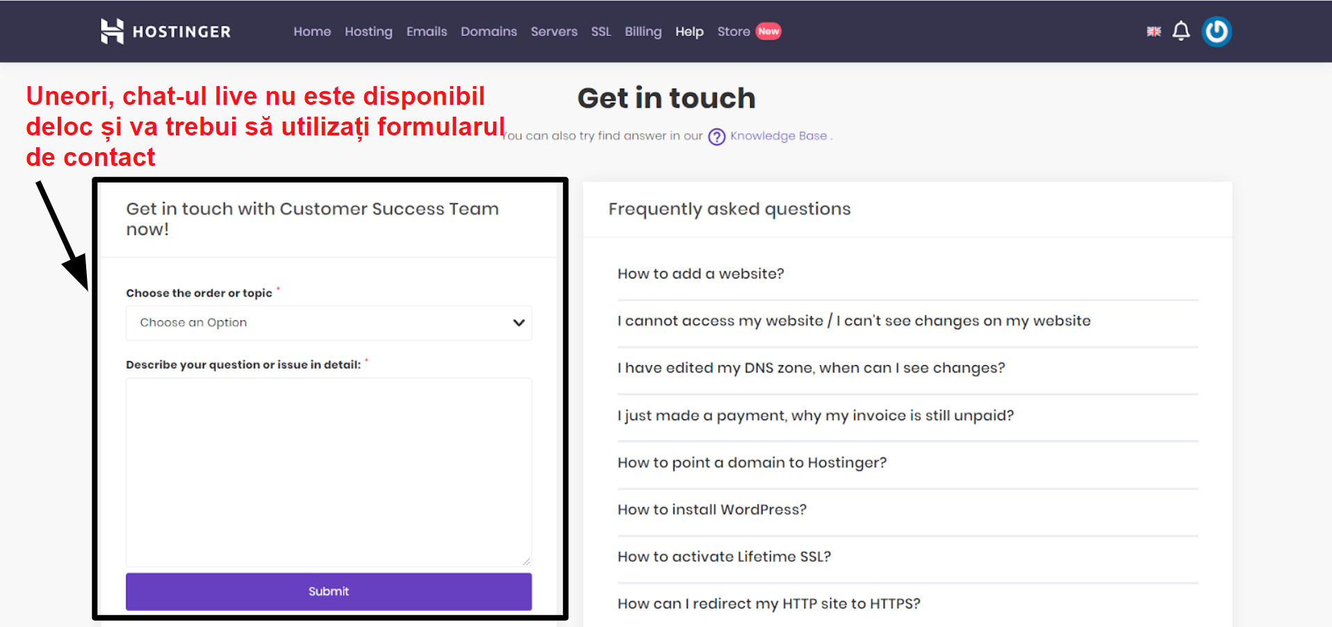 Hostinger support contact form_RO