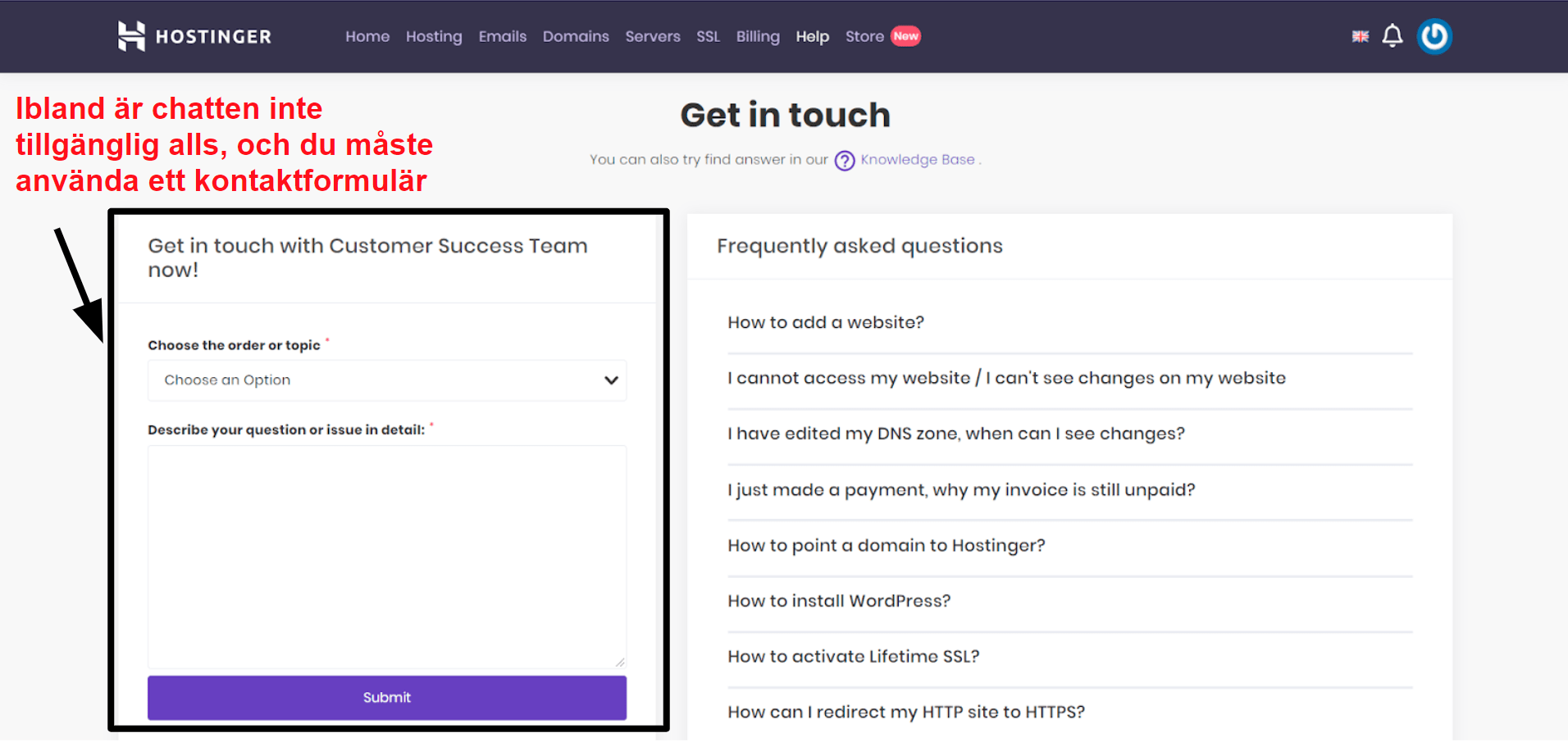 Hostinger support contact form_SV