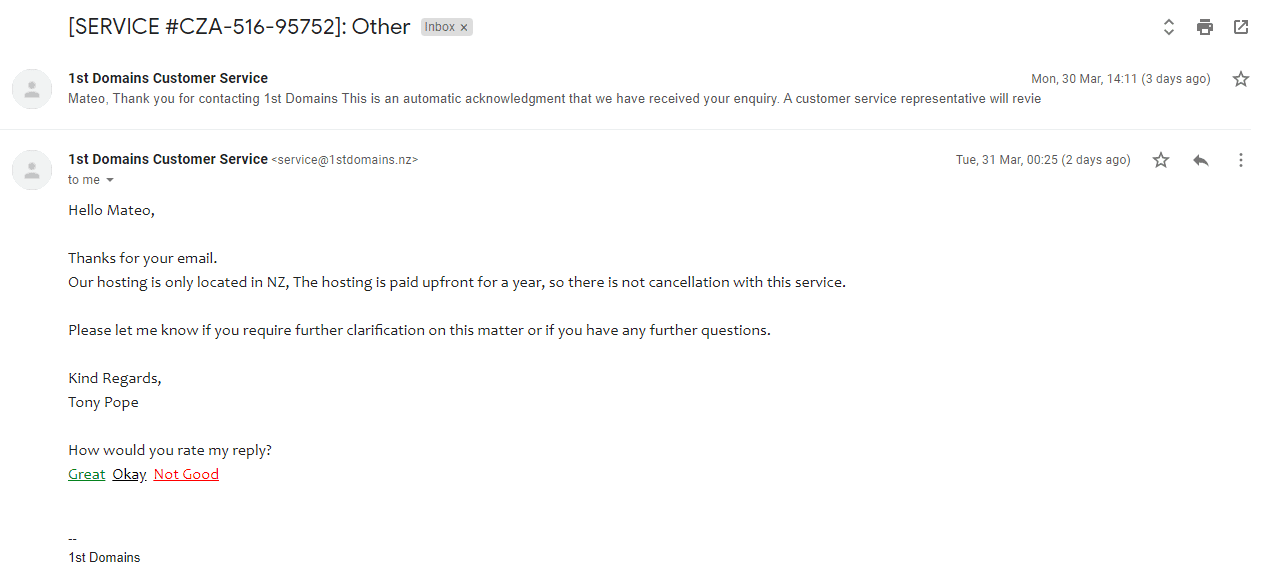 1st Domains - Support Ticket Response