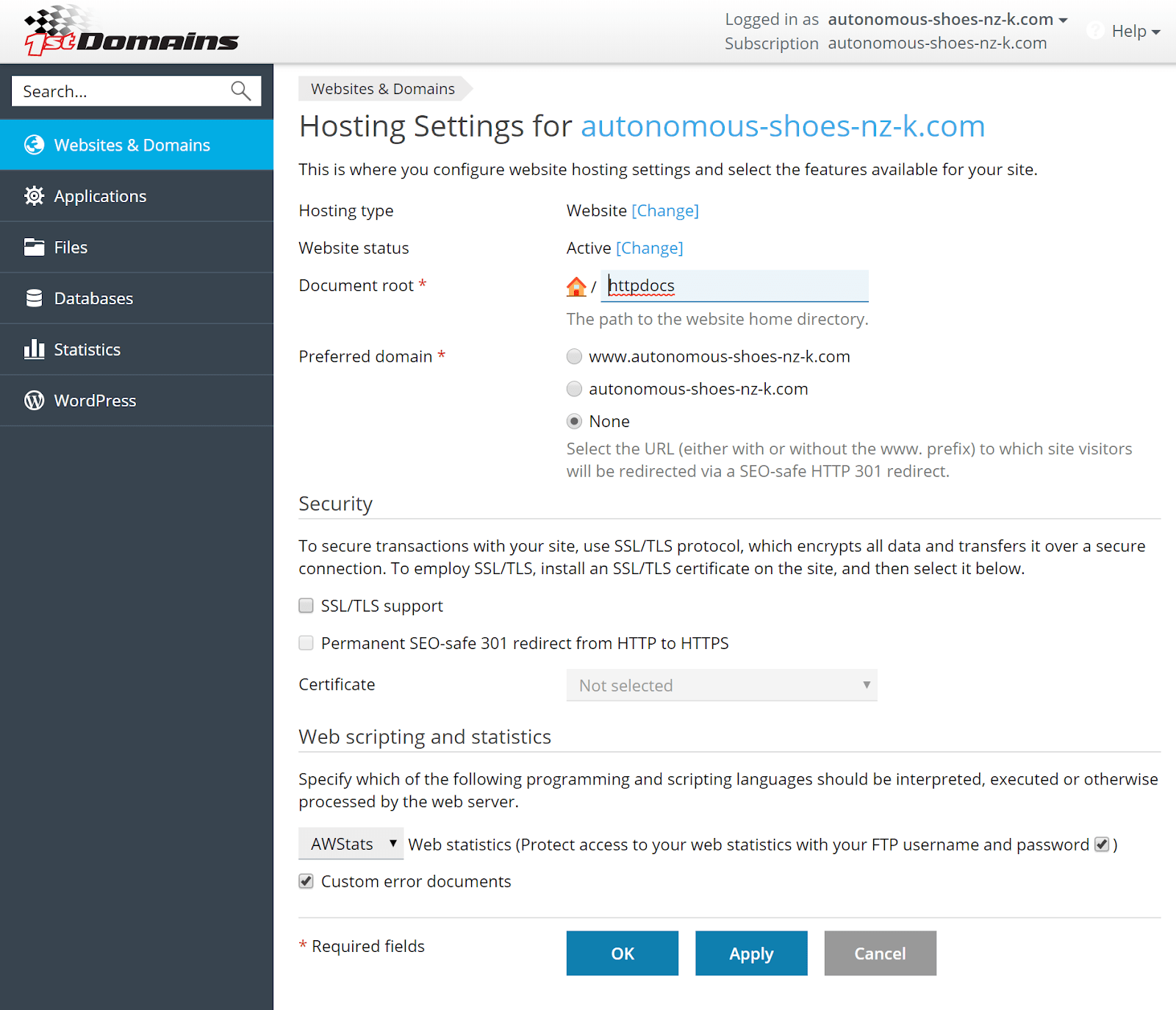 1st Domains - SSL settings