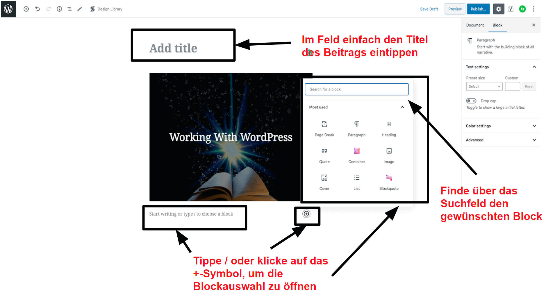 The post and page editor in WordPress DE23