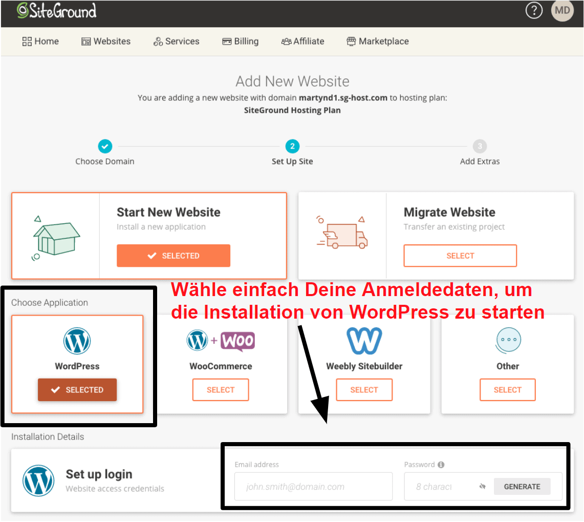 installing wordpress via siteground DE14