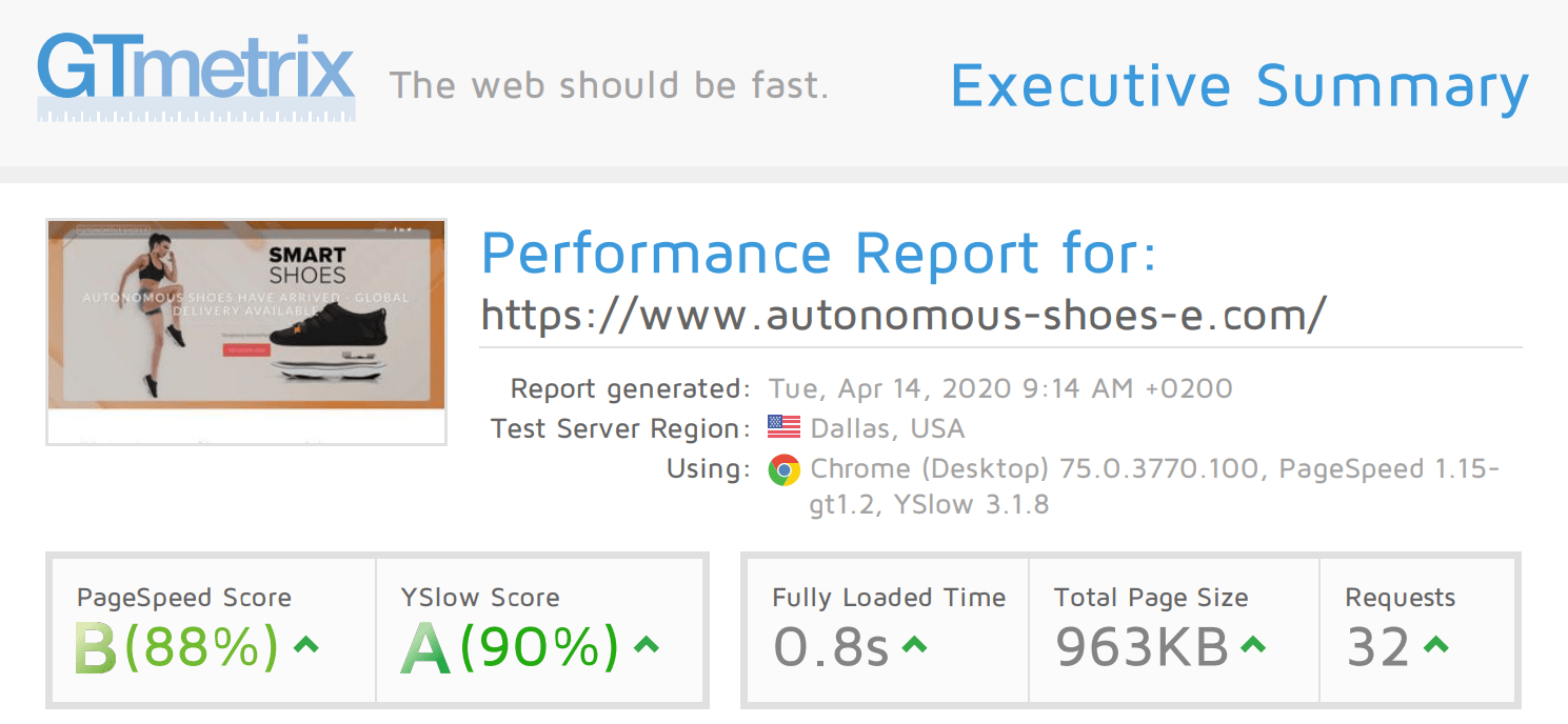 Kinsta GTmetrix test results