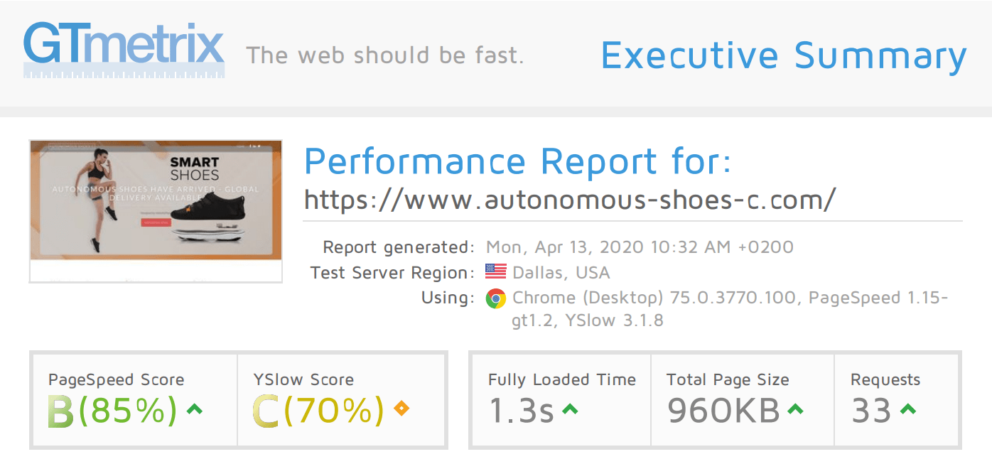 GTmetrix results for Liquid Web