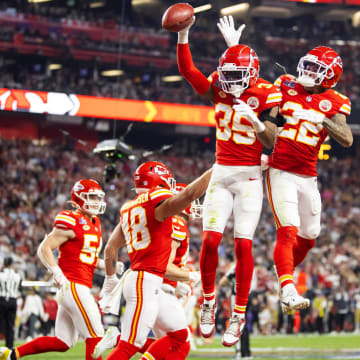 Feb 11, 2024; Paradise, Nevada, USA; Kansas City Chiefs cornerback Jaylen Watson (35) celebrates with Trent McDuffie (22) after recovering a muffed punt against the San Francisco 49ers in the second half in Super Bowl LVIII at Allegiant Stadium. Mandatory Credit: Mark J. Rebilas-USA TODAY Sports
