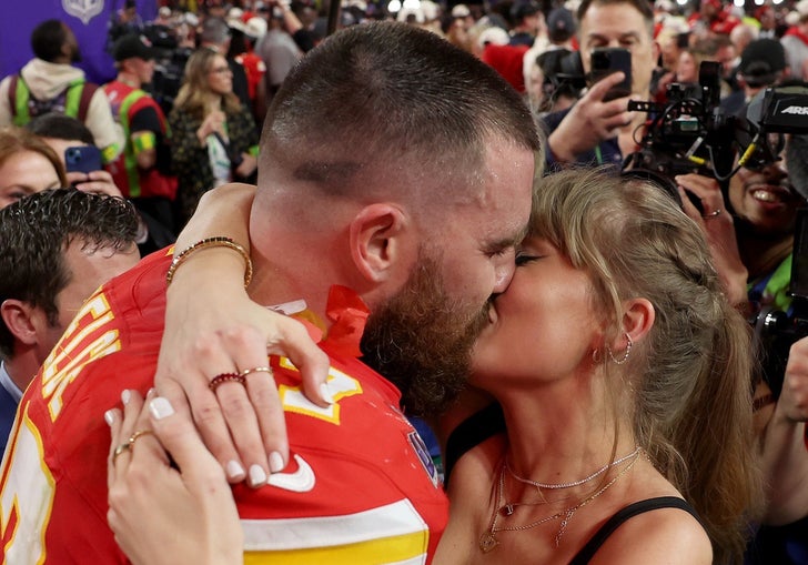 Taylor Swift And Travis Kelce -- Kissing After Super Bowl LVIII Win