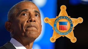 Barack Obama in a dark suit jacket, white shirt, and tie next to an image of a United States Secret Service badge.