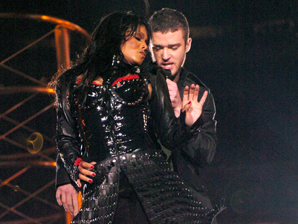 Justin Timberlake performs with Janet Jackson during the halftime show at Super Bowl XXXVIII