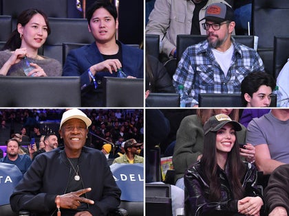 Celebrities Sitting Courtside At The Lakers Vs. Trail Blakers Basketball Game