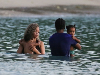 Rihanna And ASAP Rocky With Their Kids In The Ocean In Barbados 2