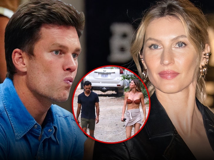 Picture of Gisele Bündchen and Joaquim Valente walking together. alongside a picture of Tom Brady and Gisele Bündchen, respectively.