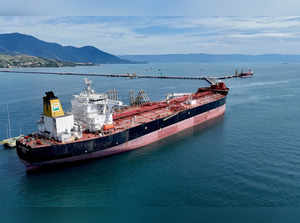 Drone shot of oil tanker at Petrobras distribution terminal in Brazil