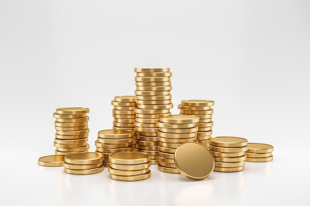 Photo stack of golden coins on white wall with earning profit concept. gold coins or currency of business. 3d rendering.