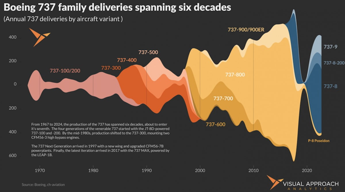 보잉 737 시리즈 판매량. 제주항공 참사 기종인 737-800이 가장 많은 비중을 차지하는 것으로 확인된다. /출처=Visual Approach Analytics