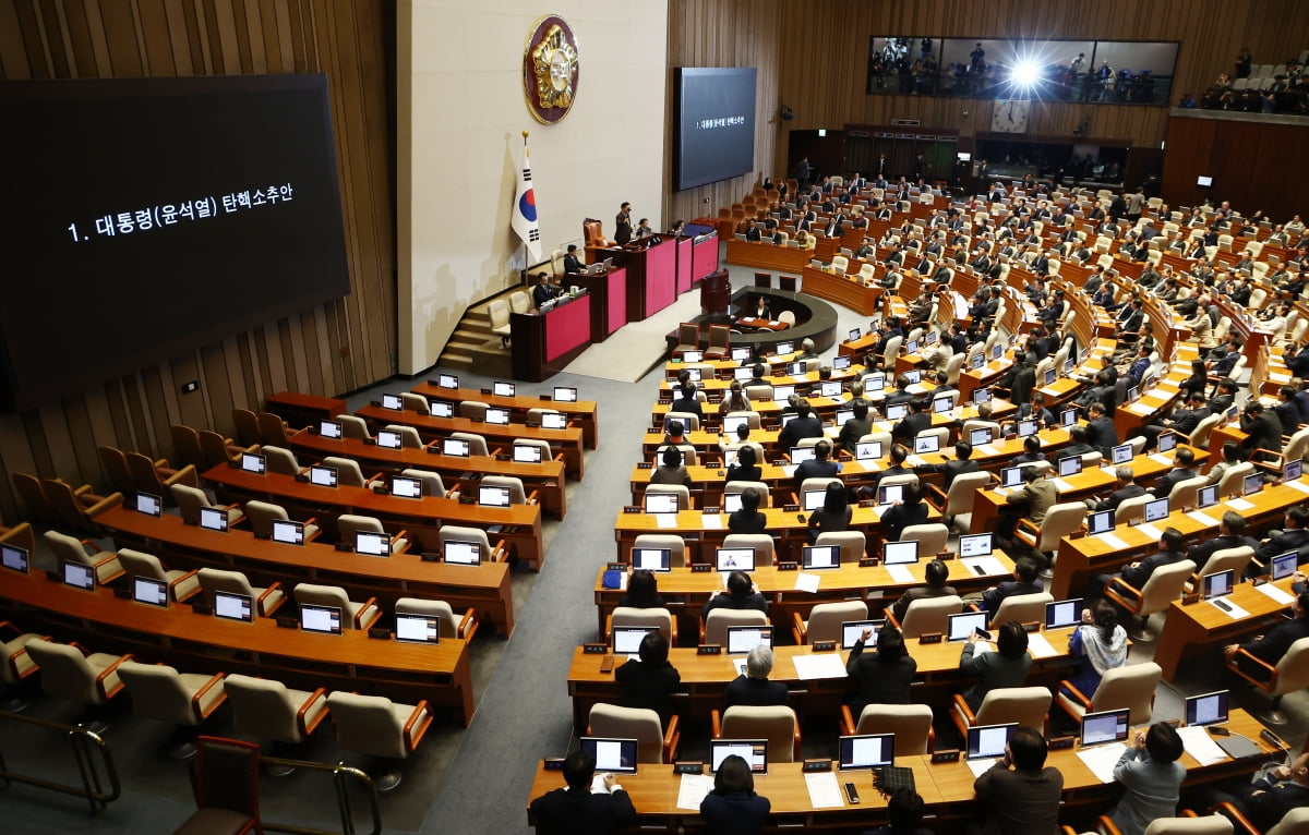 우원식 국회의장이 14일 오후 서울 여의도 국회에서 열린 제419회국회(임시회) 제4차 본회의에서 윤석열 대통령 탄핵소추안 가결을 알리고 있다. /사진=뉴스1