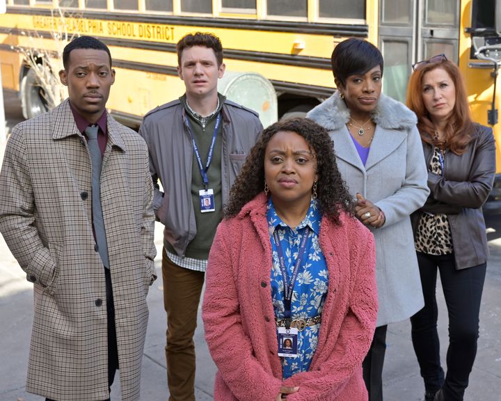 The core group of "Abbott Elementary" teachers includes, from left to right: Gregory Eddie (Tyler James Williams), Jacob Hill (Chris Perfetti), Janine Teagues (Quinta Brunson), Barbara Howard (Sheryl Lee Ralph), and Melissa Schemmenti (Lisa Ann Walter).