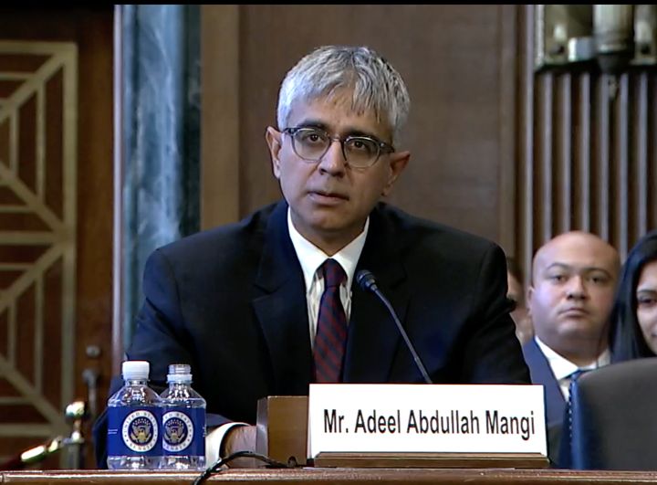 Adeel Mangi testifies during his Senate confirmation hearing on Dec. 13, 2023. During the hearing, GOP Sens. Ted Cruz (Texas), Tom Cotton (Ark.) and Josh Hawley (Mo.) demanded that Mangi share his personal views on the 9/11 terrorist attacks, the Oct. 7 attack in Israel and the Israeli-Hamas conflict in general.