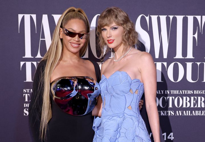 Beyoncé Knowles-Carter and Taylor Swift attend the "Taylor Swift: The Eras Tour" Concert Movie World Premiere at AMC The Grove 14 on Oct. 11, 2023, in Los Angeles.