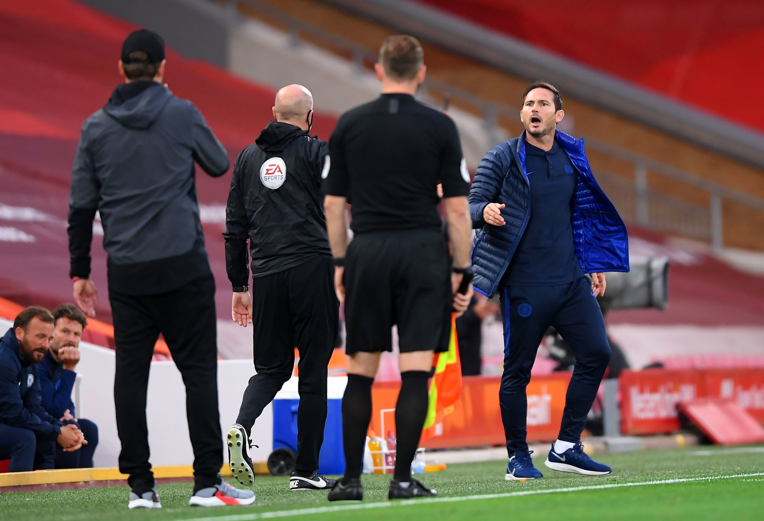 File photo dated 22-07-2020 of Chelsea manager Frank Lampard (right) exchanges words with Liverpool manager Jurgen Klopp (left) on the touchline during the Premier League match at Anfield, Liverpool. PA Photo. Issue date: Friday July 24, 2020. Liverpool manager Jurgen Klopp has hit back at Chelsea counterpart Frank Lampard?s ?arrogant? jibe by suggesting the rookie boss still has a lot to learn. See PA story SOCCER Liverpool. Photo credit should read Laurence Griffiths/PA Wire.