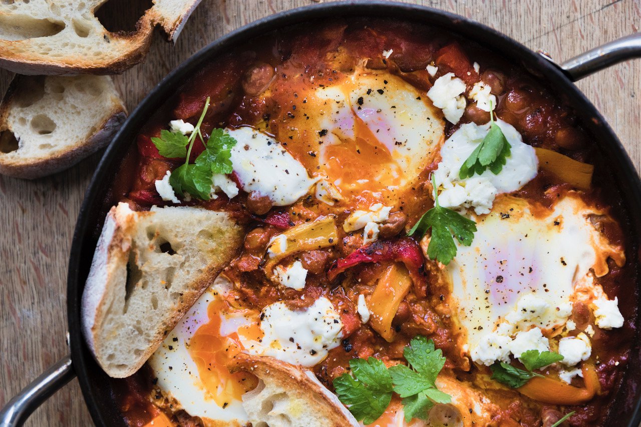 Shakshuka with Roasted Red and Yellow Peppers and Feta Recipe from Milli Taylor for Odysea Image via Charlotte Carter