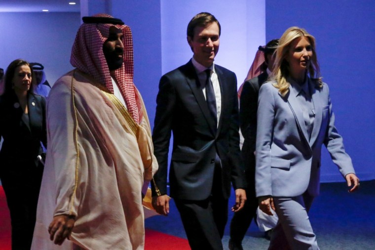 Saudi Arabia's Deputy Crown Prince Mohammed bin Salman escorts White House senior advisor Jared Kushner and his wife White House senior advisor Ivanka Trump at the Global Center for Combatting Extremist Ideology in Riyadh, Saudi Arabia May 21, 2017. Picture taken May 21, 2017. REUTERS/Jonathan Ernst - RC18F64B91D0