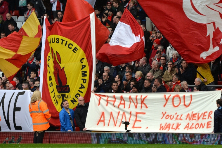 A banner in the stands thanking Hillsborough campaigner Anne Williams for all her efforts, after she passed away this week (Photo by Darren Walsh/Chelsea FC via Getty Images)