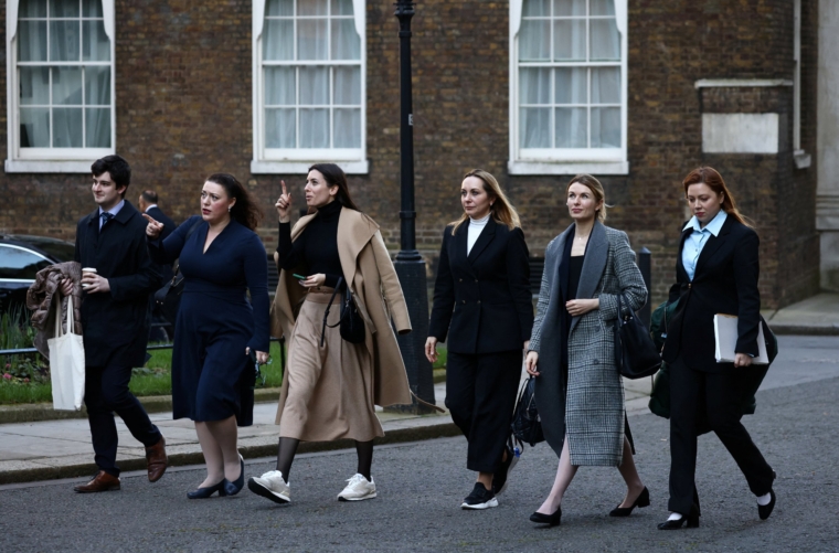 Ukrainian Members of Parliament Olena Khomenko, Maria Mezentseva, Alona Shkrum and Lesia Vasylenko walk with British MP Alicia Kearns on Downing Street, London, Britain, March 17, 2022. REUTERS/Henry Nicholls