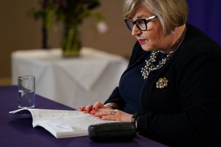 Donna Ockenden, chair of the Independent Review into Maternity Services at the Shrewsbury and Telford Hospital NHS Trust, presents the final report at The Mercure Shrewsbury Albrighton Hotel, Shropshire. The Ockenden report has looked at 1,862 cases within the maternity unit at Shrewsbury and Telford NHS Trust, with most of the incidents taking place between 2000 and 2019. Picture date: Wednesday March 30, 2022. PA Photo. See PA story HEALTH Maternity. Photo credit should read: Jacob King/PA Wire