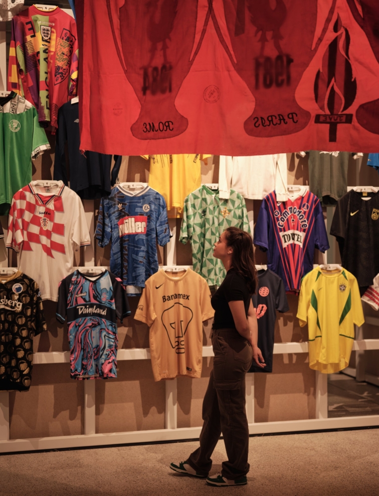 Football: Designing the Beautiful Game Design Museum, London Installation view featuring Peter Carney's banner Credit: Felix Speller Provided by pr@designmuseum.org